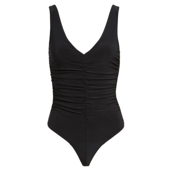 LEITH Ruched V-neck Sleeveless Thong Bodysuit‎ In Black M - Picture 1 of 8